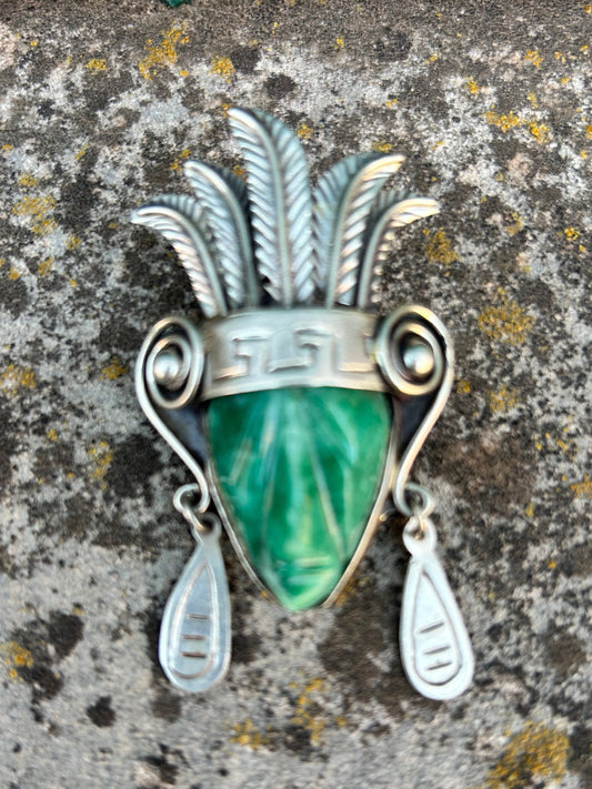 Vintage 1940s Taxco Mexico Sterling Silver Agate Mask Pendant Brooch