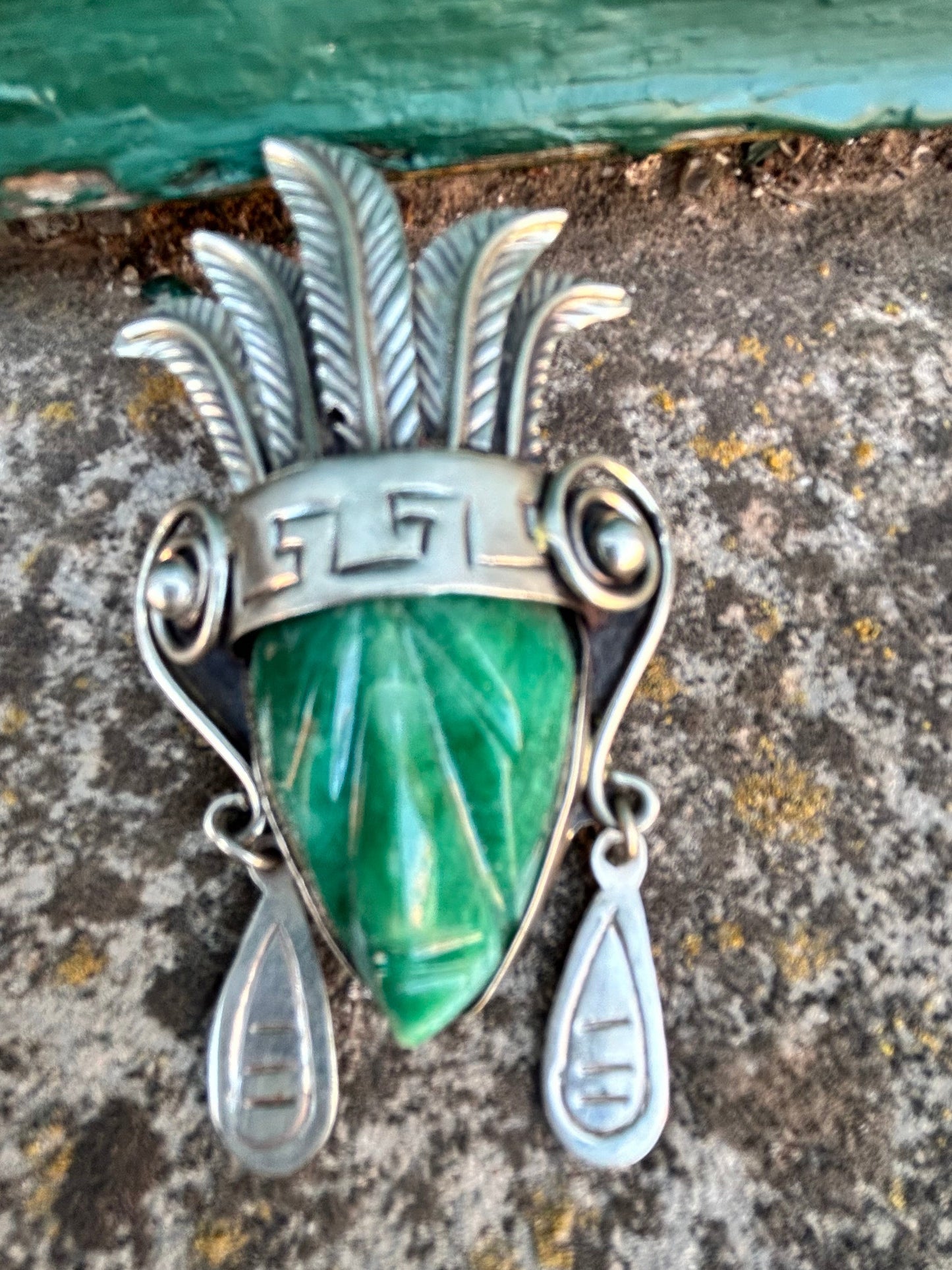 Vintage 1940s Taxco Mexico Sterling Silver Agate Mask Pendant Brooch