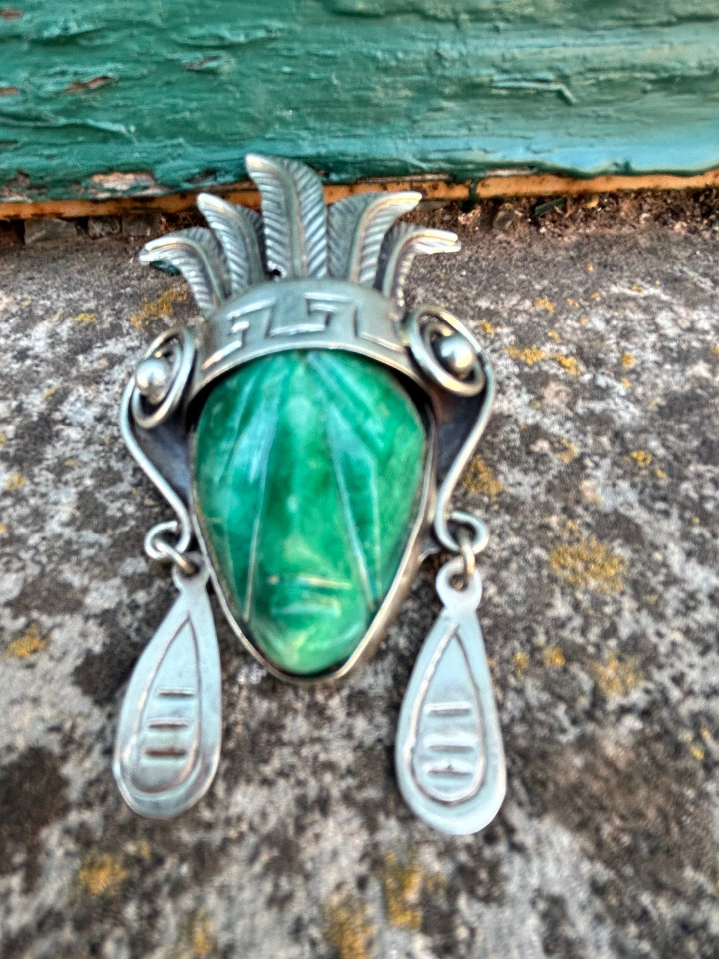 Vintage 1940s Taxco Mexico Sterling Silver Agate Mask Pendant Brooch