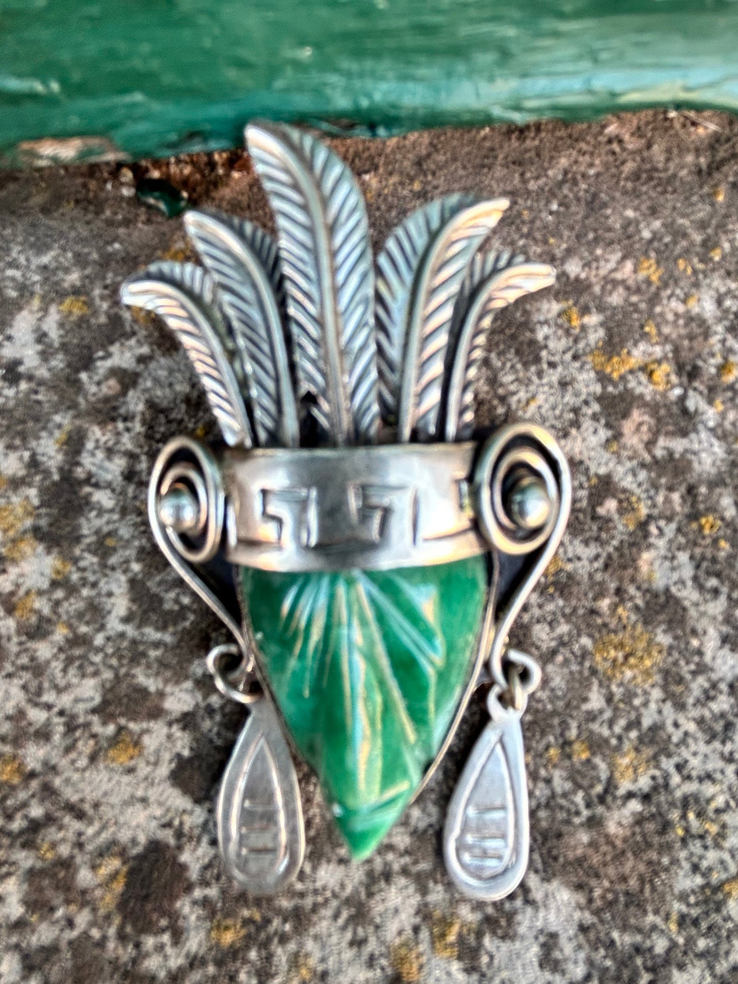 Vintage 1940s Taxco Mexico Sterling Silver Agate Mask Pendant Brooch