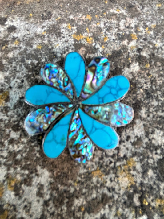 Vintage Taxco Brooch / Pendant Sterling Silver Turquoise / Abalone Brooch